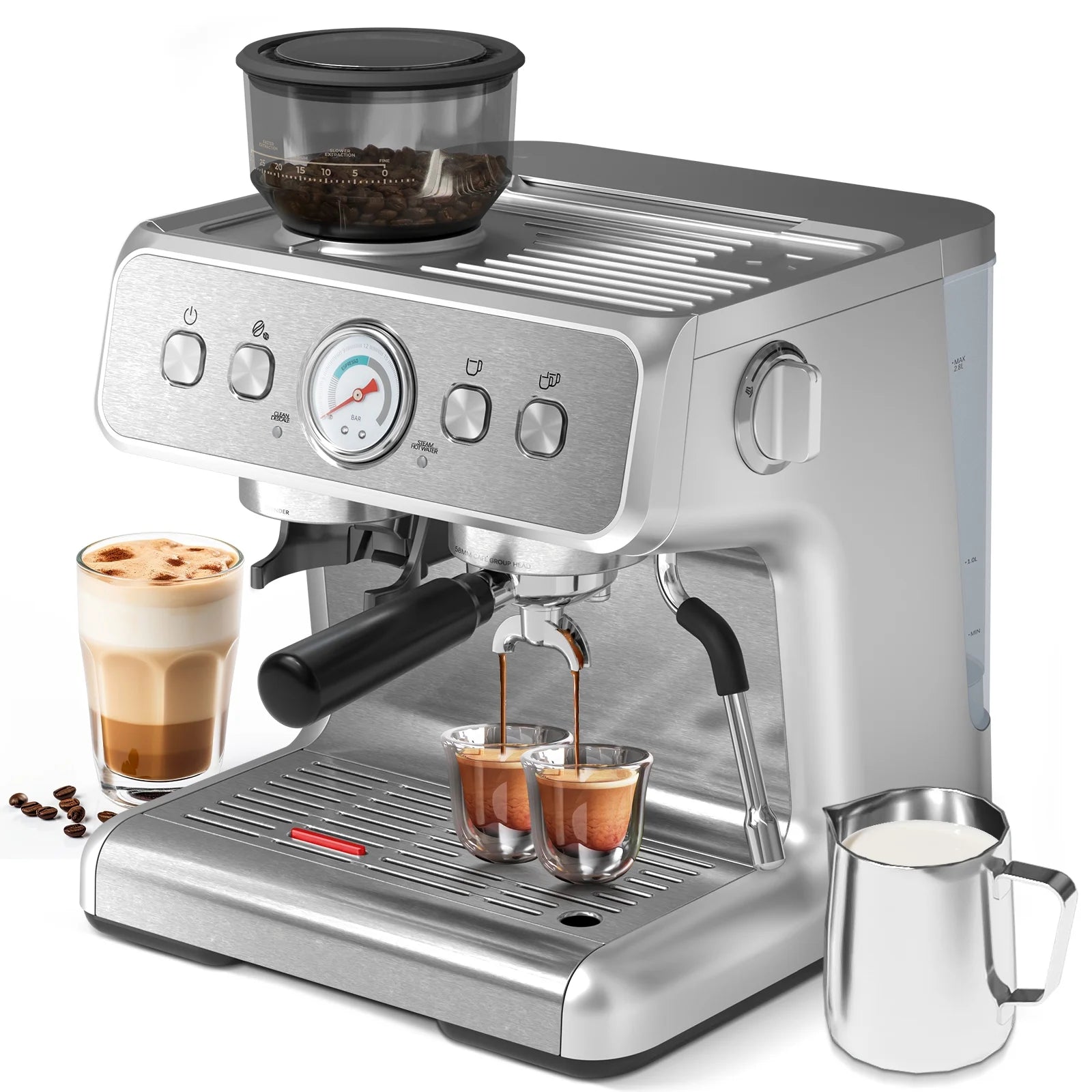 KISSAIR 15 Bar Semi-Automatic Espresso Coffee Machine, PLD Intelligent Temperature Control, Automatic Power-off, 2.8L Water Tank, 1&2 Cups for Home/Office -Silver