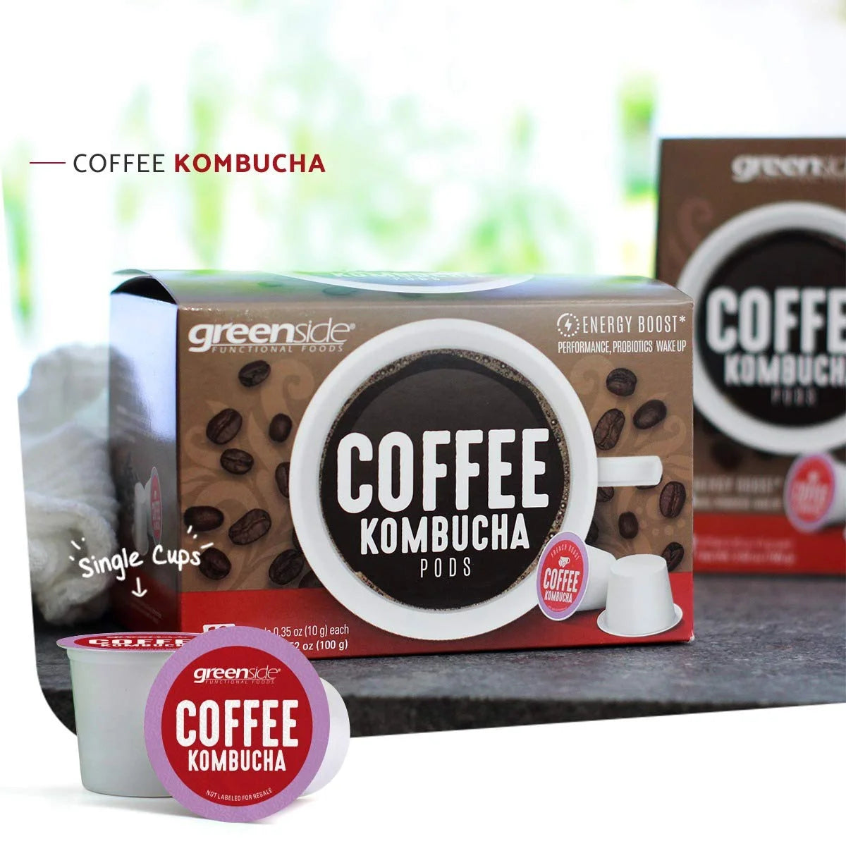 Greenside Kombucha Coffee (Pack of 2) Probiotics- 900mg-Gut Health-Energy Boost- 20 Single Serve cups.