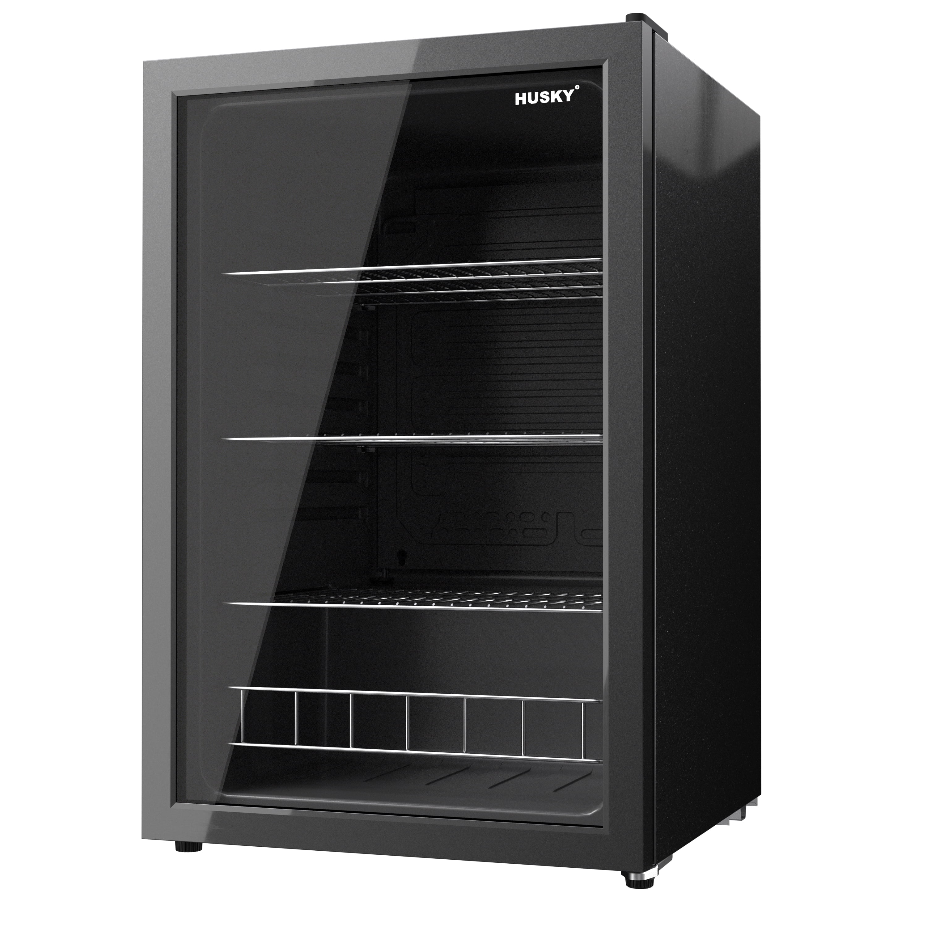 Husky 43L Reversible Glass Door Beverage Refrigerator 4.6 Cu. Feet Freestanding Mini Fridge 21.4 inch Black, New