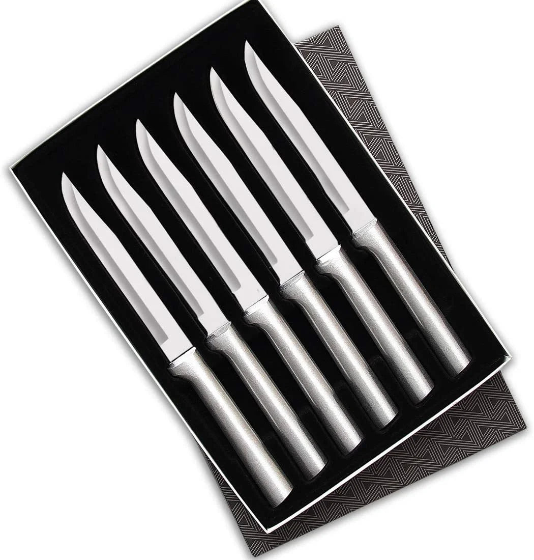 DIQIN Cutlery Utility Steak Knives Gift Set Stainless Steel Blades with Aluminum, Set of 6, 8-1/2 Inches, Silver Handle