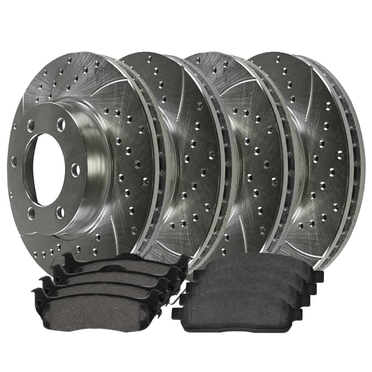 AutoShack Front and Rear Drilled Slotted Brake Rotors Silver and Ceramic Pads Kit Replacement for 2004 2005 2006 2007 2008 Ford F-150 2006-2008 Lincoln Mark LT 4.2L 4.6L 5.4L V6 V8 4WD AWD