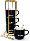 Lareina Porcelain Stackable Coffee Mug Set With Stand Rack and Spoons, 15 Ounce Cappuccino Cup Set of 4 for Specialty Coffee Drinks and Tea - Black