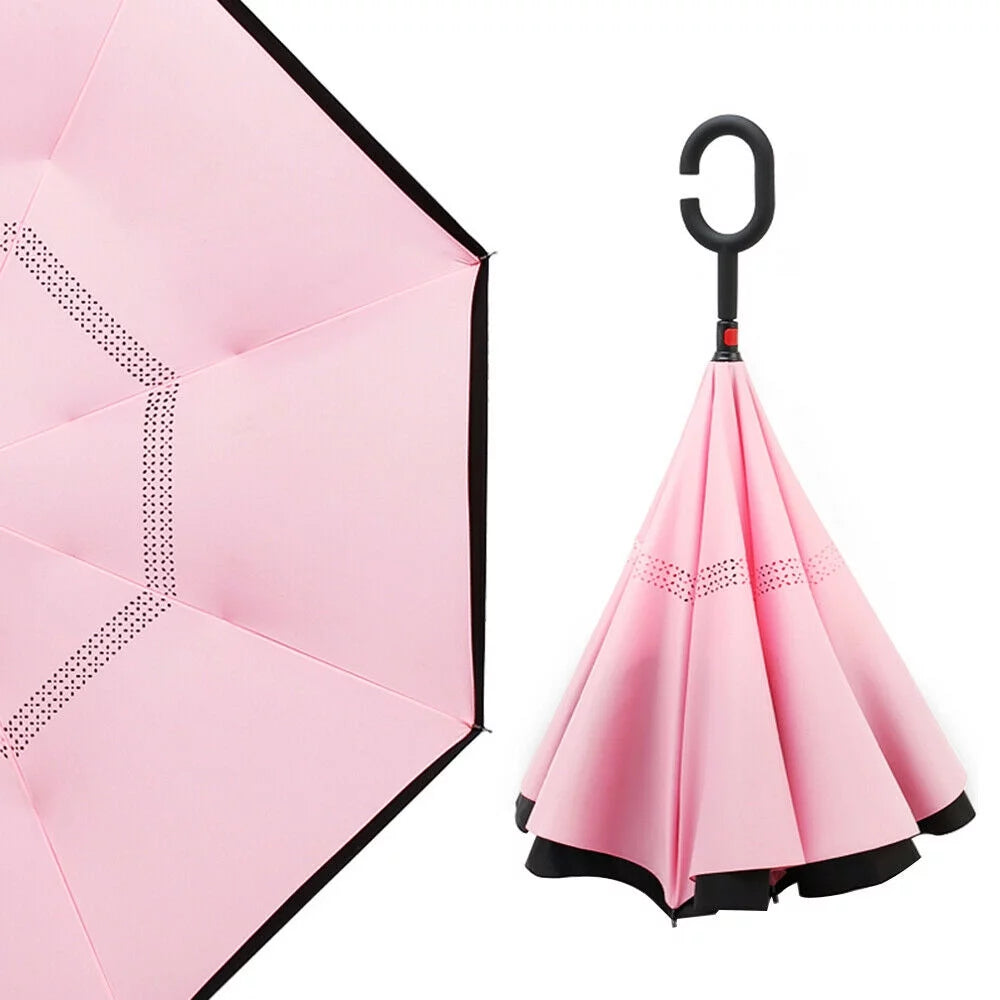 Windproof Double Layer Folding Inverted Umbrella, Self Stand Upside-Down Rain Protection Car Reverse Umbrellas with C-Shaped Handle S2