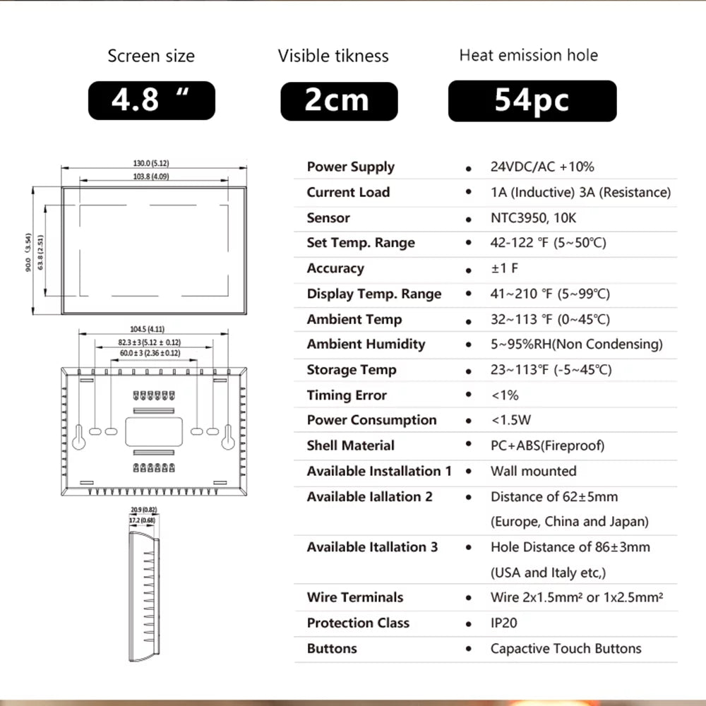 WiFi Smart Heat Pump Room Controller 4.8 Inch Color LCD Screen Programmable Touch Control/ Mobile APP/ Voice Control Compatible with / Home for Home Office Hotel
