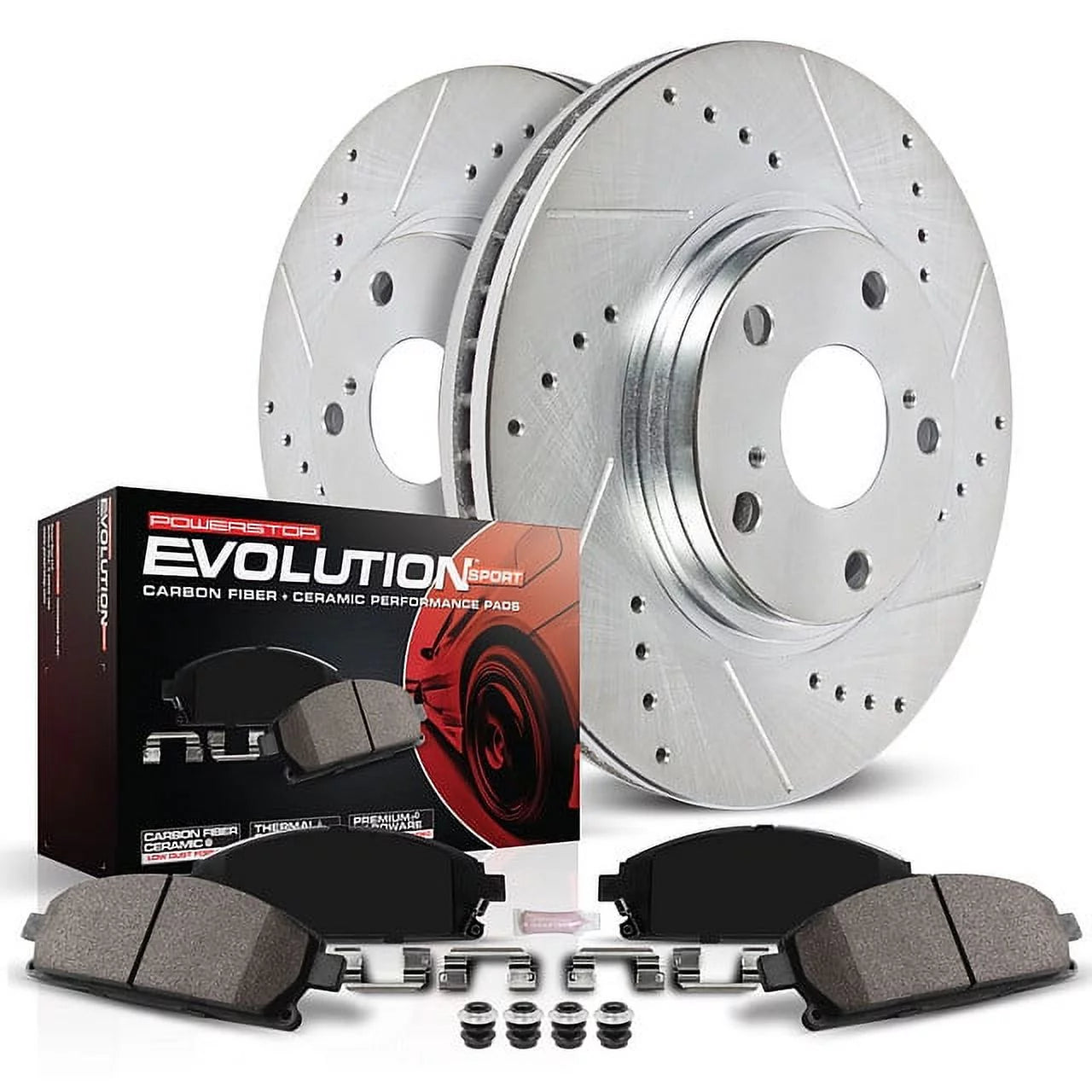 Power Stop Front Brake Kit with Drilled & Slotted Rotors and Ceramic Brake Pads K2373