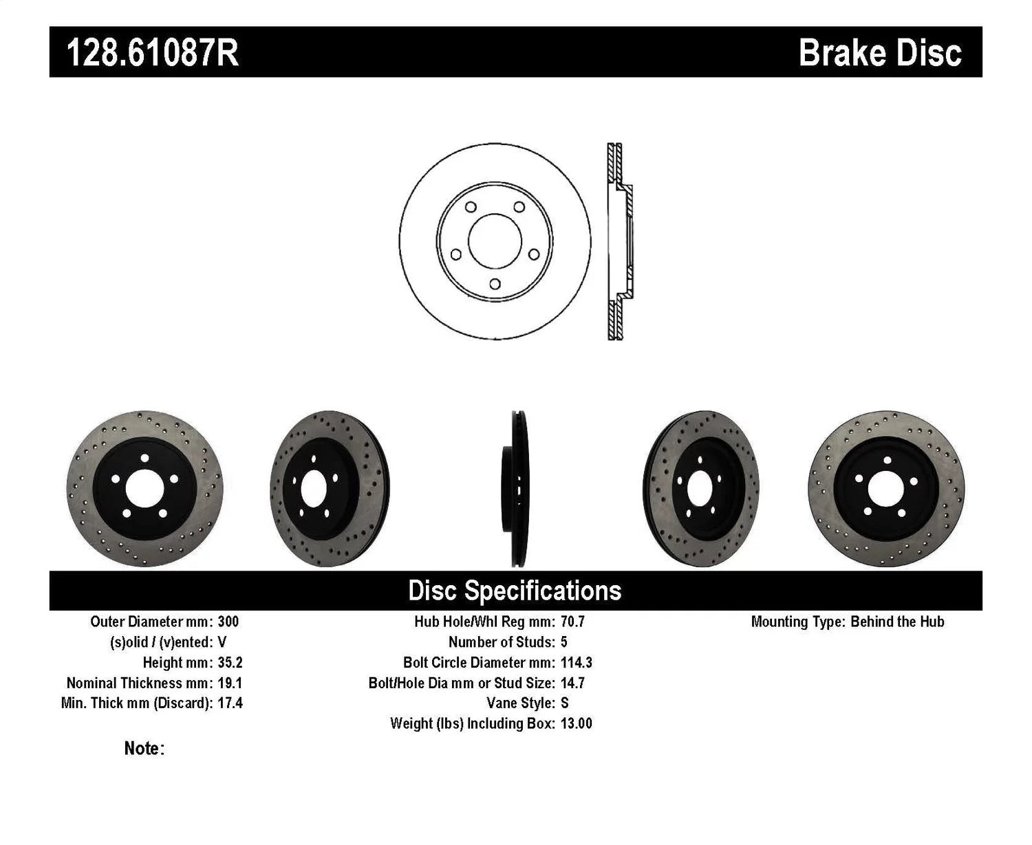 StopTech 128.61087R StopTech Sport Rotors; Drilled; Rear Right;11.81 in. Dia.; 1.38 in. Height; Fits select: 2005-2014 FORD MUSTANG