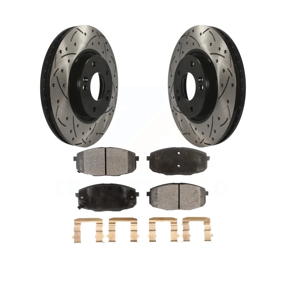 Transit Auto - Front Coated Drilled Slotted Disc Brake Rotors And Ceramic Pads Kit For Kia Forte Koup Forte5 KDT-100086
