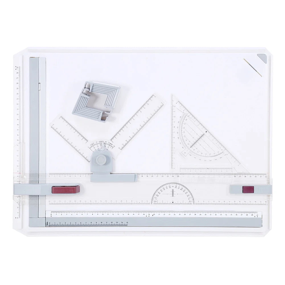 Multifuctional A3 Drawing Board Table Pad with Parallel Motion and Adjustable Angle Rulers, White