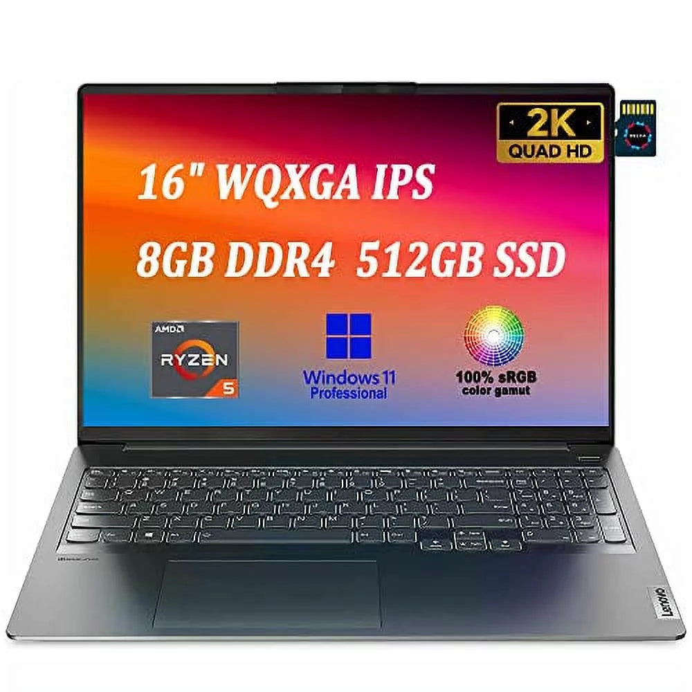 Lenovo Ideapad 5 Pro Laptop I 16 WQXGA IPS 100% sRGB Display I AMD 6-Core Ryzen 5 5600H (> i7-11375H) I 8GB DDR4 512GB SSD I Backlit Keyboard HDMI Dolby Win11 Pro Storm Grey + 32GB Micro SD Card