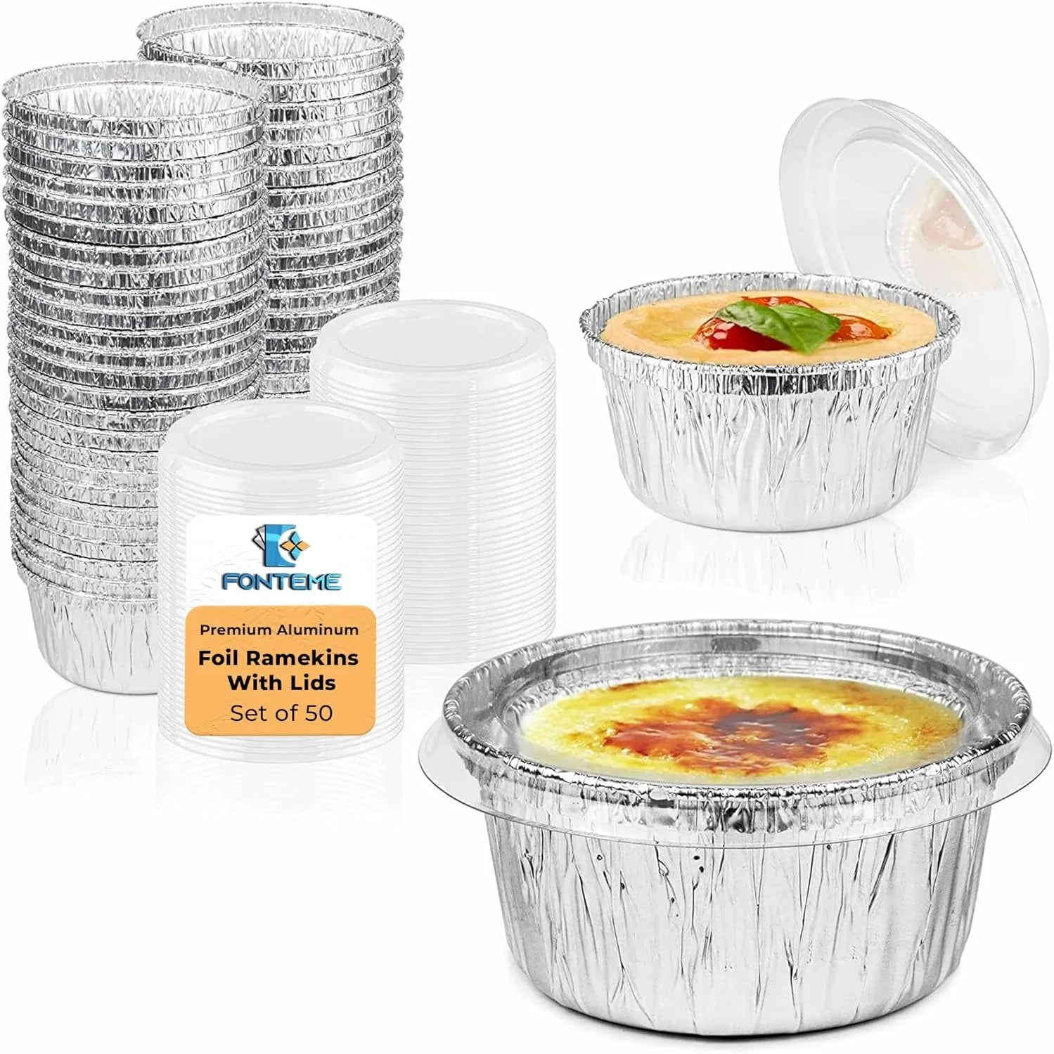 Fonteme 4 oz Aluminum Foil Ramekins with Lids 50-Pack | Freezer & Oven Safe Disposable Mini Containers Set | Perfect Baking Cups for Cupcakes, Sauces, Condiments & Muffin | Perfect for Party, Wedding