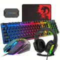 5-in-1 Wired Gaming Kit  Ergonomic Rainbow LED Keyboard  Optical Mouse  Over-Ear Headset with Mic  Controller Adapter  Durable Mouse Pad for PC & Consoles