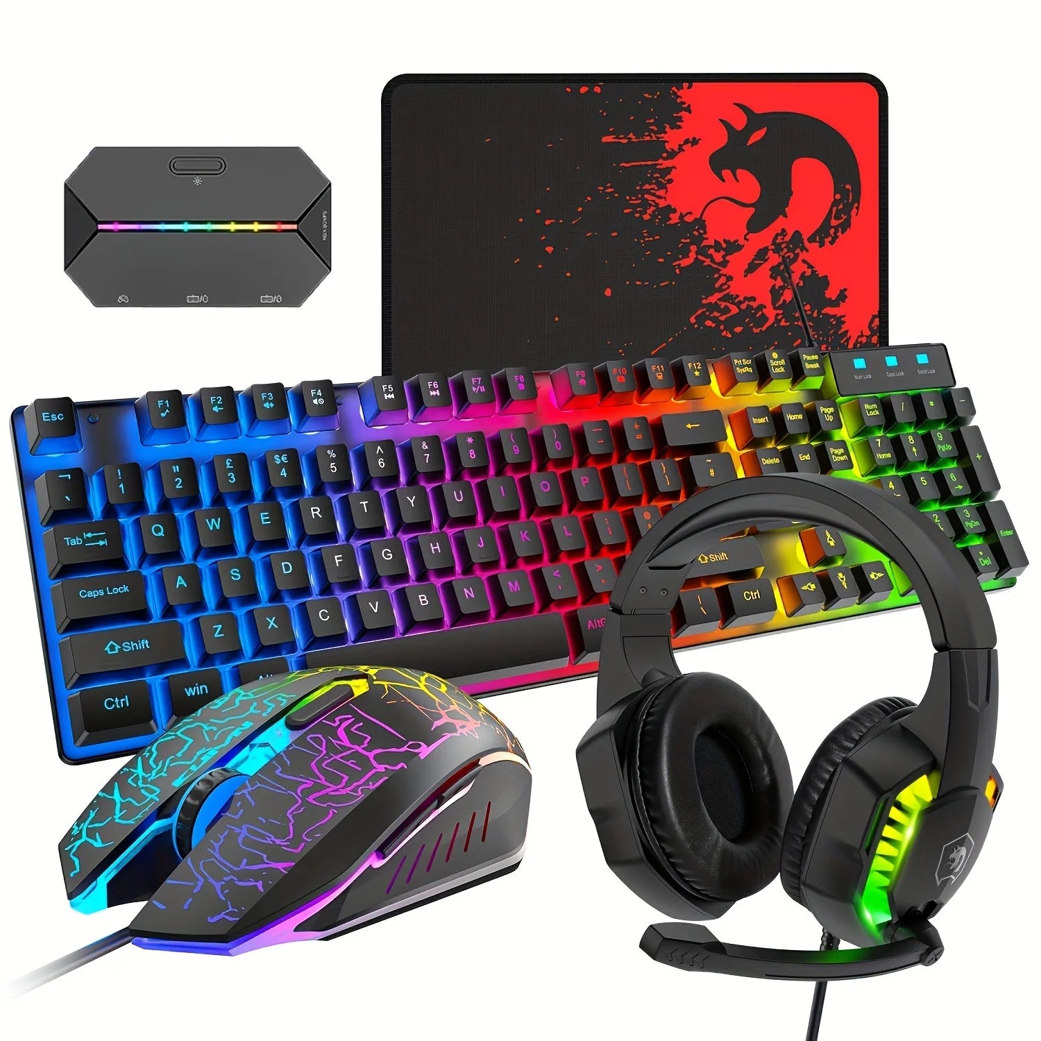 5-in-1 Wired Gaming Kit  Ergonomic Rainbow LED Keyboard  Optical Mouse  Over-Ear Headset with Mic  Controller Adapter  Durable Mouse Pad for PC & Consoles