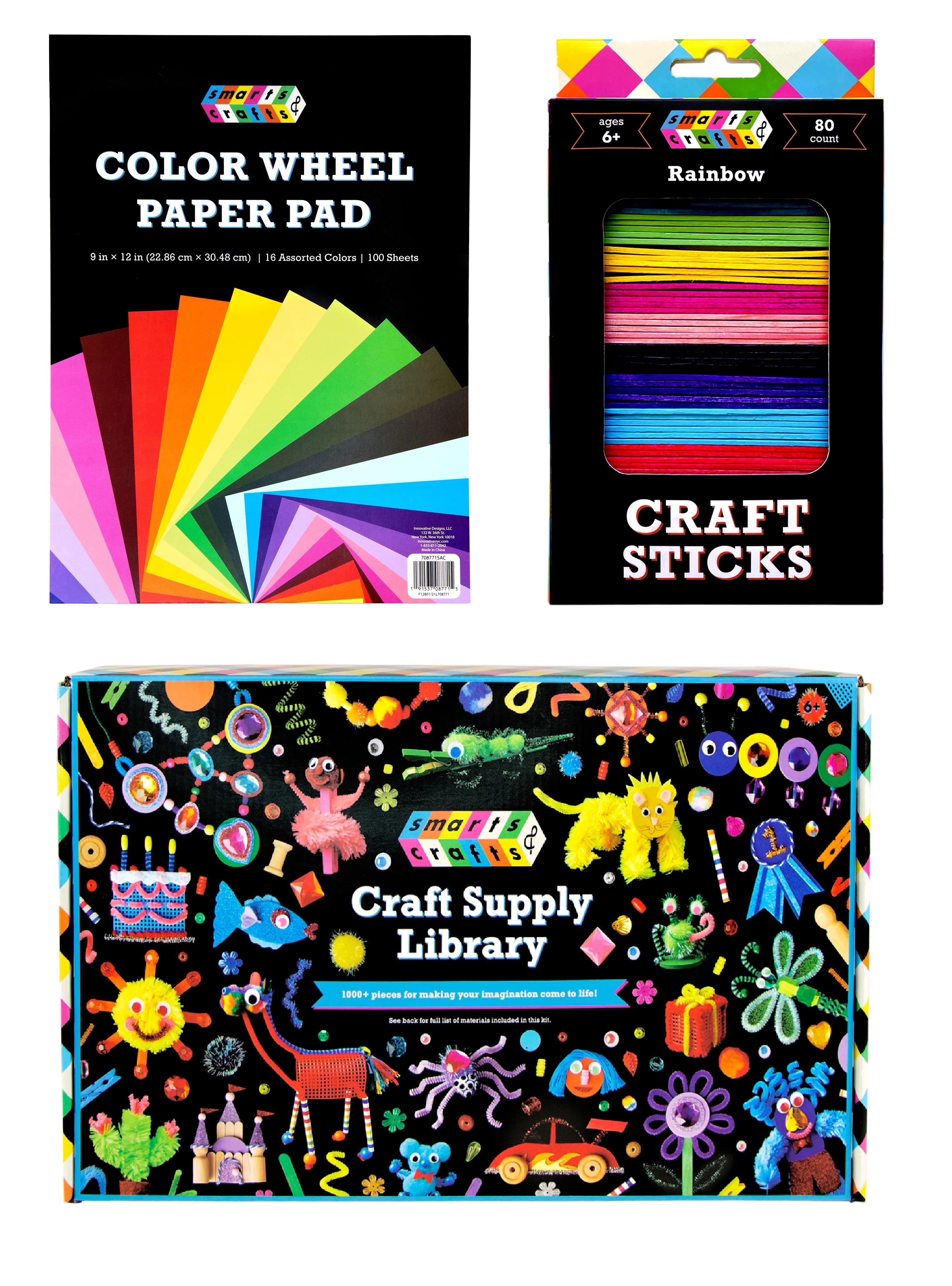 Smarts & Crafts Color-Wheel Paper Pad + Rainbow Craft Sticks + Craft Supply Library