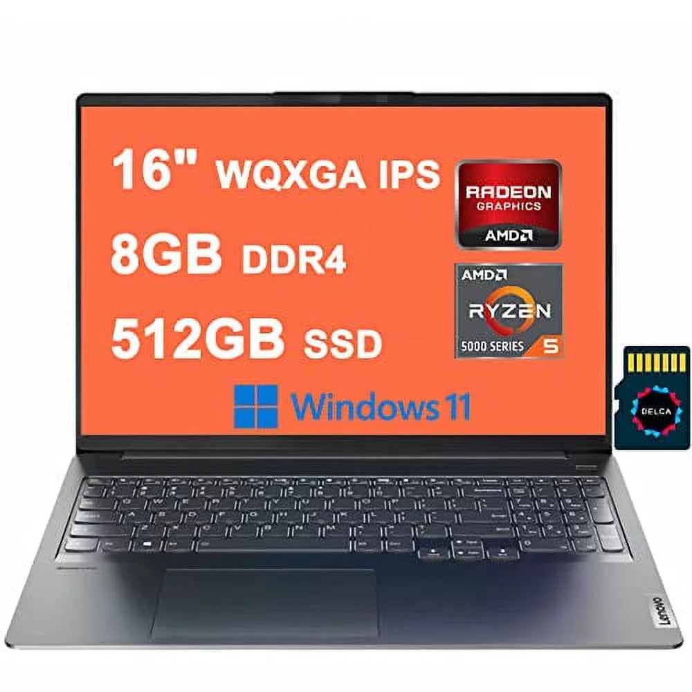 Lenovo Ideapad 5 Pro Business Laptop I 16 WQXGA IPS Display (100% sRGB) I AMD 6-Core Ryzen 5 5600H (>i7-11375H) I 8GB DDR4 512GB SSD I Backlit USB-C HDMI Dolby Atmos Win11 Grey + 32GB MicroSD Card