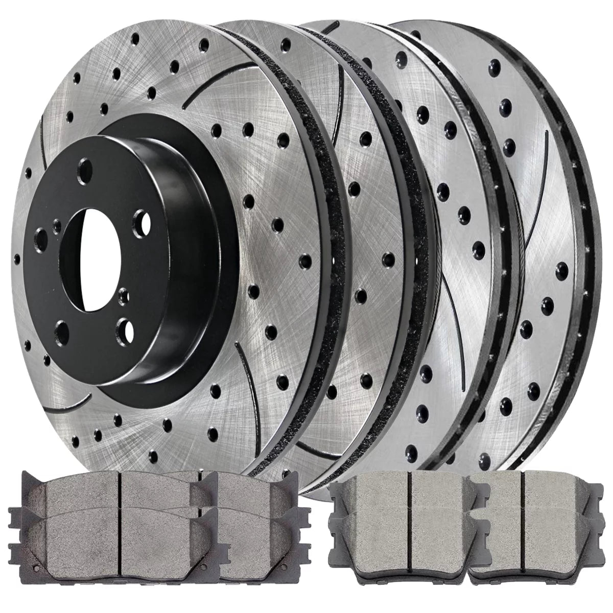 AutoShack Front and Rear Drilled Slotted Brake Rotors Black and Ceramic Pads Kit Replacement for 2012-2016 2017 Toyota Camry 2013-2018 Avalon 2013-2018 Lexus ES350 ES300h 2.5L 3.5L V6 FWD BRKPK486