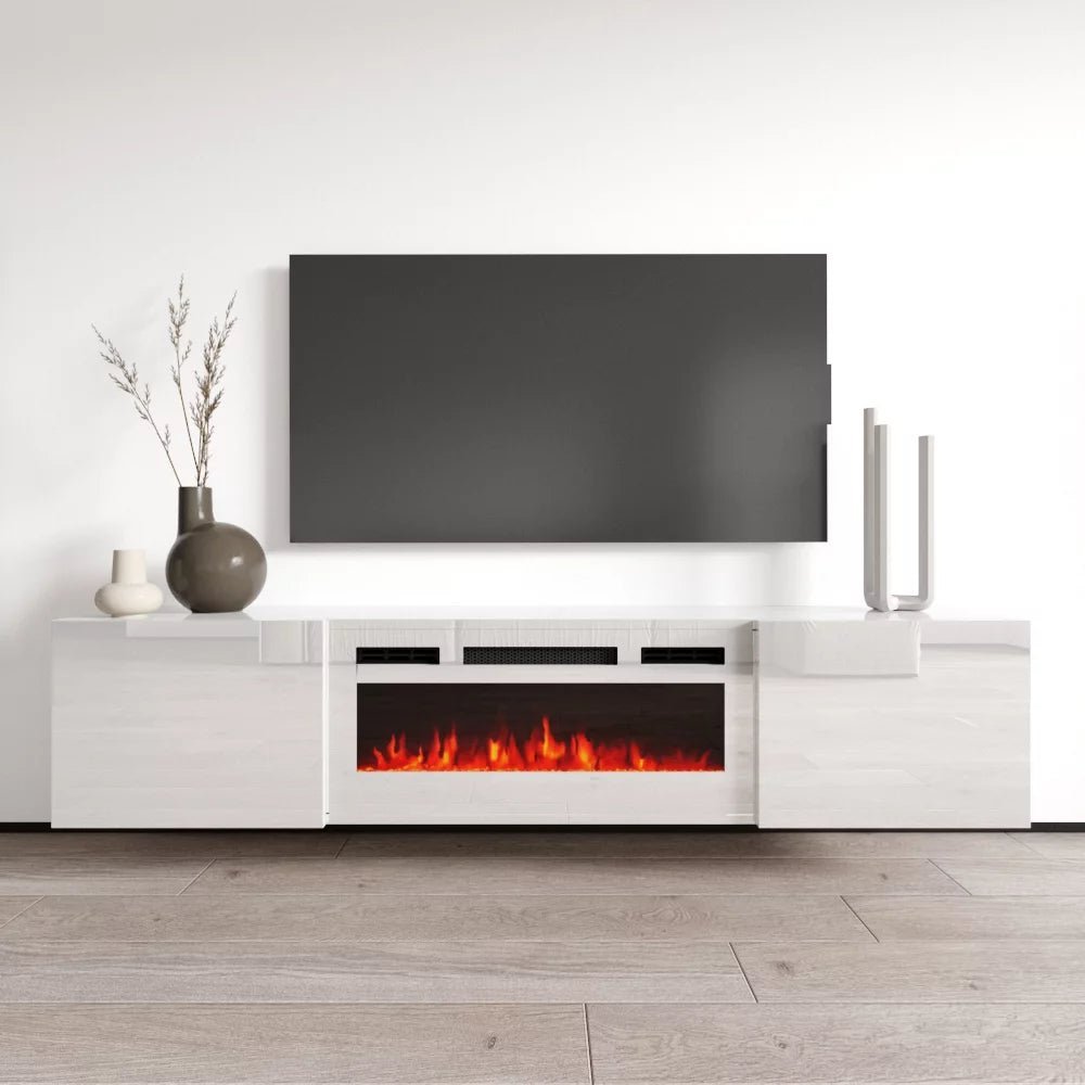 Cali WH-EF Floating Fireplace TV Stand for TVs up to 80, Modern High Gloss 72 Entertainment Center, Wall Mounted Electric Fireplace TV Media Console with Storage Cabinets