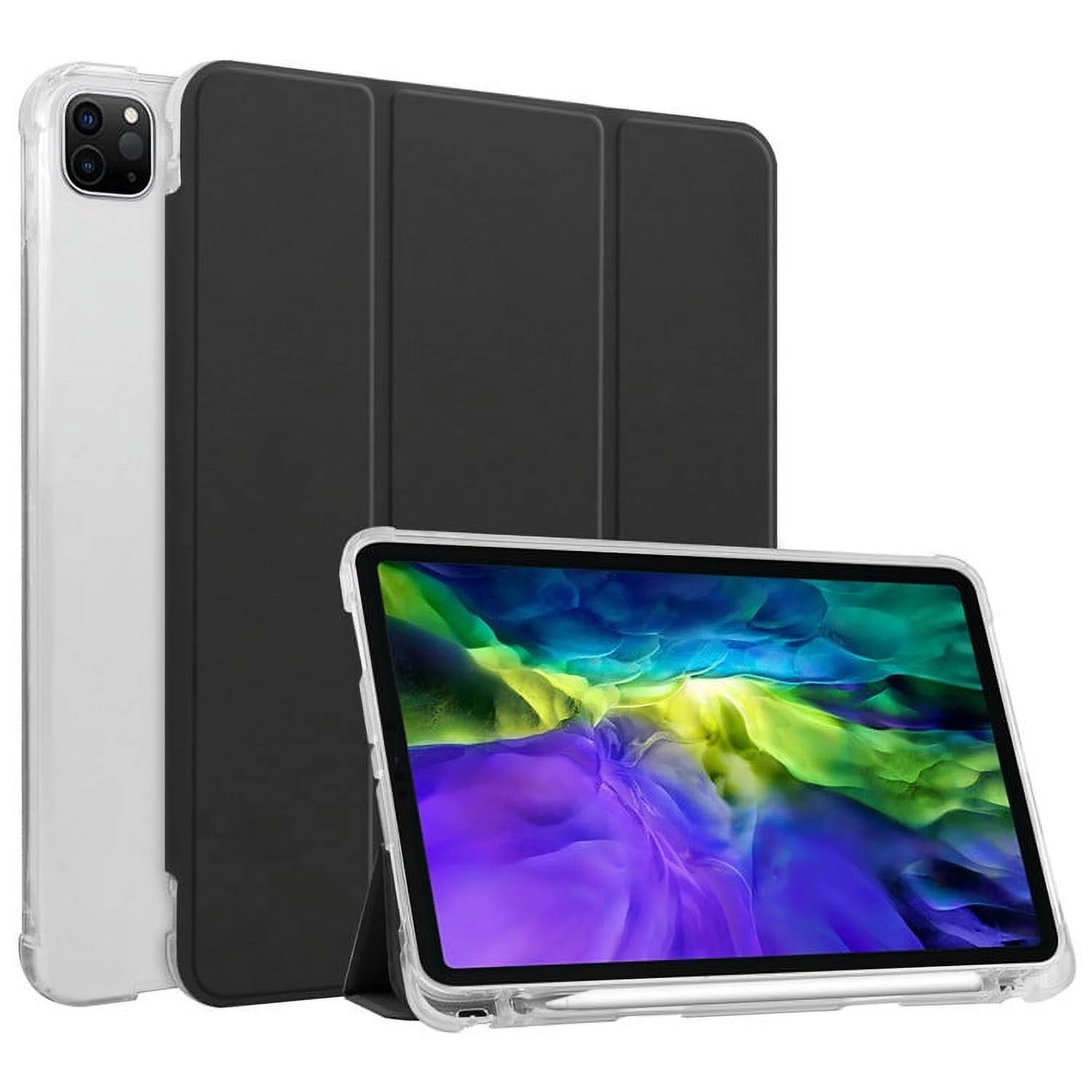 iPad Air 2 & Air 1 9.7 Inch Case with Apple Pencil Holder Slot, Auto Sleep Wake Smart Cover, Multi-Angle Trifold Stand, GMYLE Slim Clear Hard Back (Black)