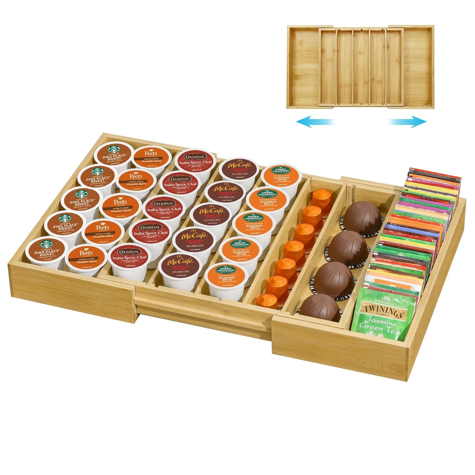 Kssiaz Bamboo Coffee Pod Holder Drawer, 25-45 K Cup Holder,Coffee Pod and Tea Bag Organizer Storage for Drawer Countertop Coffee Station