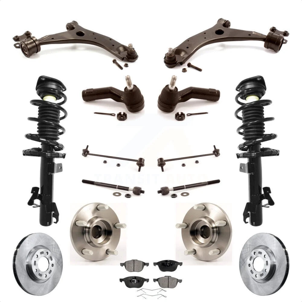 Transit Auto - Front Disc Rotors Brake Pads Hub Bearings Assembly Control Arms Tie Rod End Shock Suspension Link Kit (15Pc) For 2004 Mazda 3 S GT with 2.3L Excludes MazdaSpeed Model KM-100391