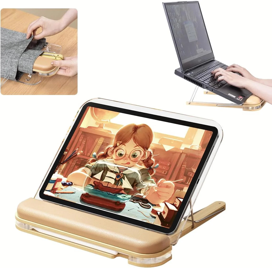 iPad Drawing Tablet Stand, Solid Wooden Adjustable Angles Desktop Holder, Portable Foldable Laptop Holder