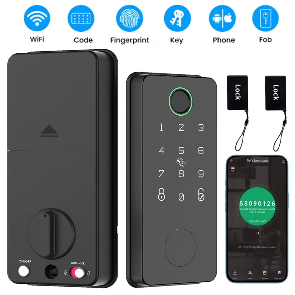 Kogiio Smart Lock Fingerprint Door latch Keyless Entry Wi-Fi Door Lock Touchscreen Keypad doorbell key MF Card App Control Frosted Black