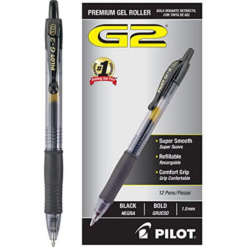 Pilot G2 Retractable Premium Gel Ink Roller Ball Pens Bold Pt (1.) Dozen Box Black; Retractable, Refillable & Premium Comfort Grip; Smooth Lines to the End of the Page, America?s #1 Selling Pen Brand