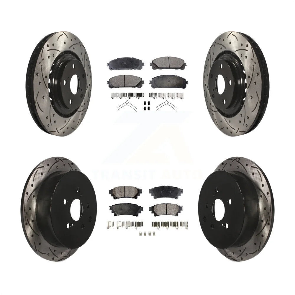 Transit Auto - Front Rear Coated Drilled Slotted Disc Brake Rotors And Ceramic Pads Kit For Toyota Highlander Sienna Lexus RX350 RX450h KDT-100343