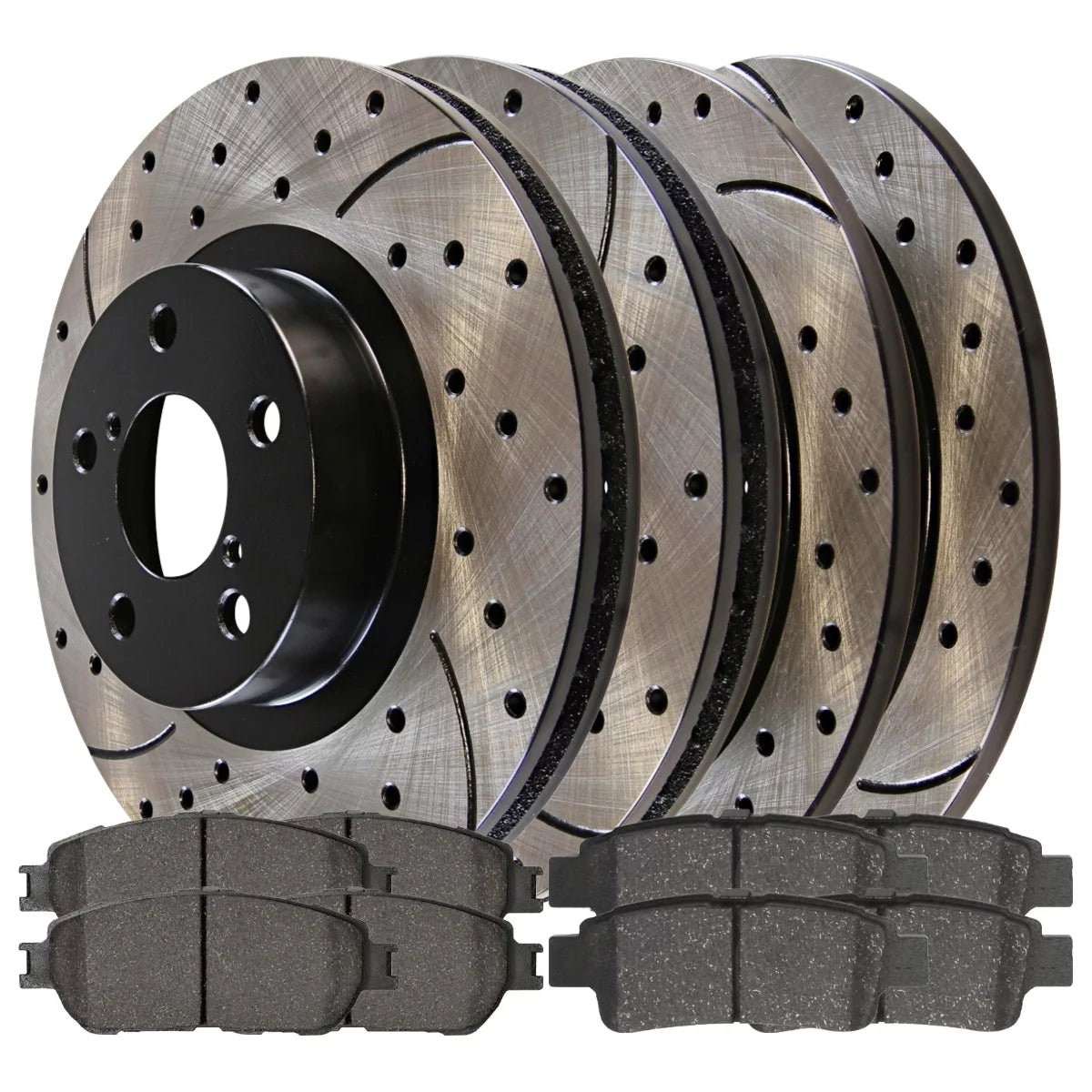 AutoShack Front and Rear Drilled Slotted Brake Rotors Black and Ceramic Pads Kit Replacement for 2004 2005 2006 2007 2008 2009 2010 Toyota Sienna 3.3L 3.5L V6 AWD FWD BRKPK437