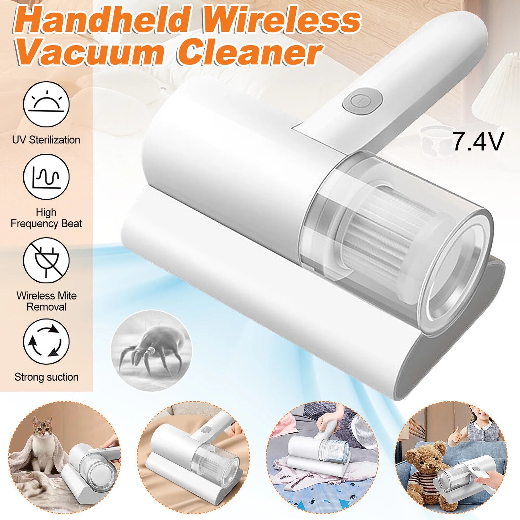 JARENGO Cordless Mattress Vacuum Cleaner Long UV Wavelength Mite Removal Handheld Vacuum Machine for Bed Sofa