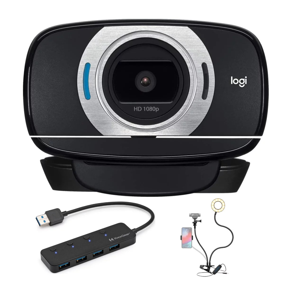Logitech C615 Full HD 1080p Webcam with Stand, Selfie Ring Light & 3.0 USB Hub