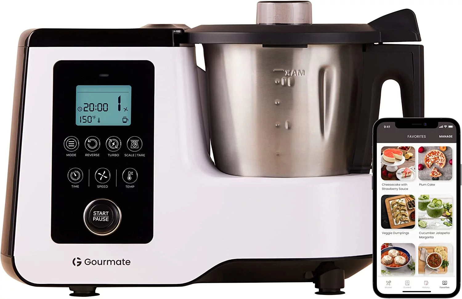 Gourmate Smart All-in-1 Multi-Cooker, 10+ Cooking Functions, Built-in Scale, Guided Recipes, Steam, Cook, Knead, Bluetooth App Connectivity, 2.3 QT, White