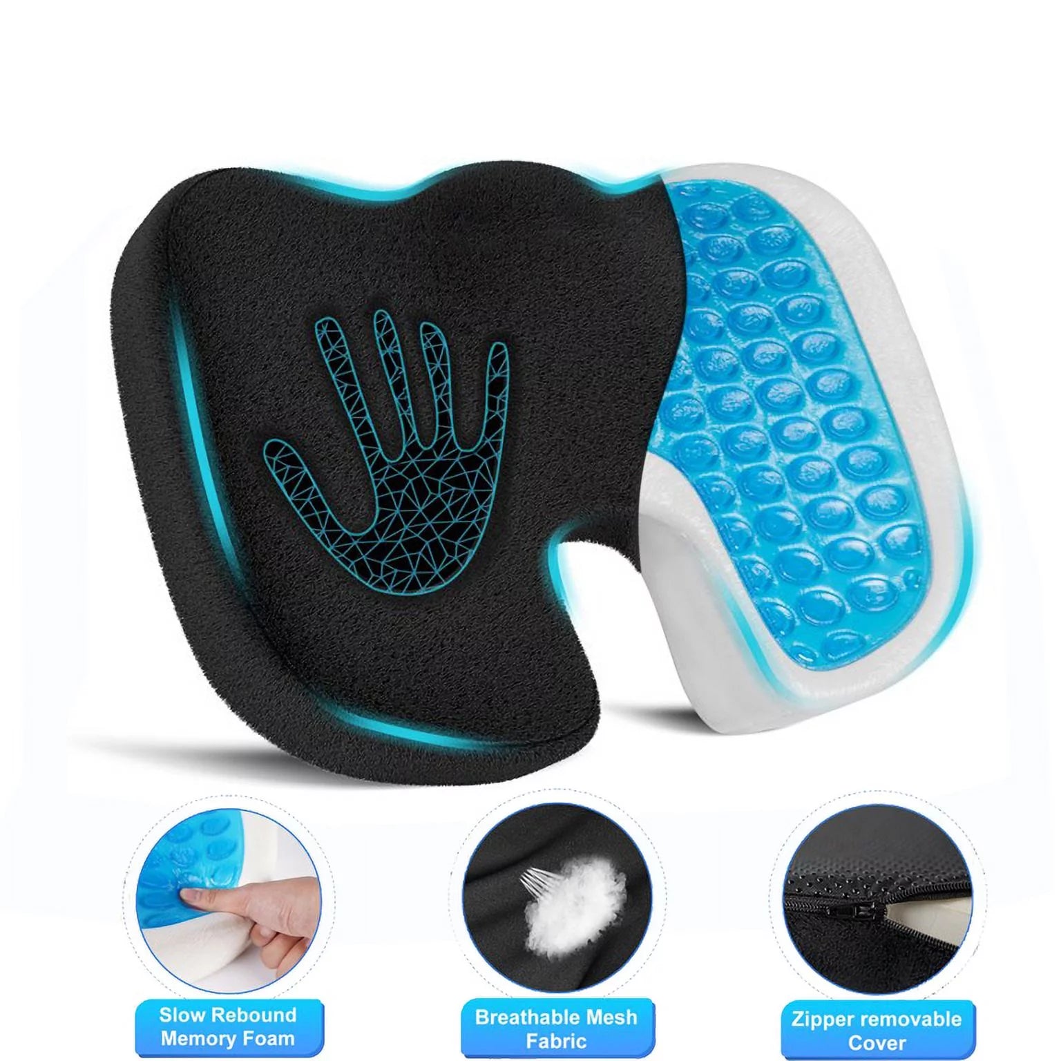 KAIPARA Memory Foam Seat Cushion Removable Cover, Large Size Cooling Gel Butt Pillow, Office Chairs,Car Seat,Wheelchair Cushion for Coccyx,Tailbone,Sciatica & Back Pain Relief (Black)18*14.5 inch
