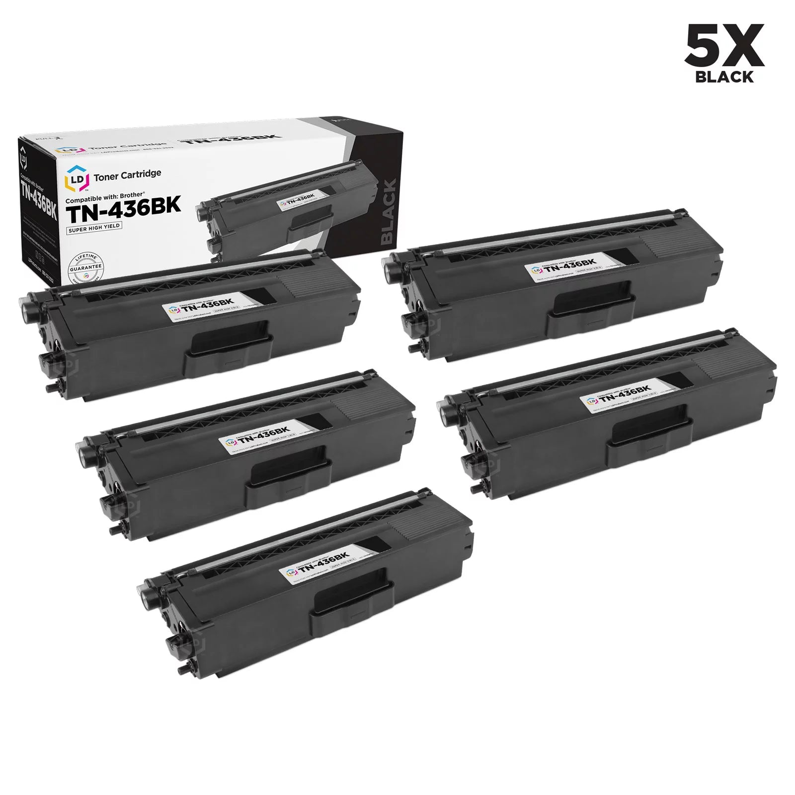 LD Compatible TN436 / TN436BK Set of 5 Super High-Yield Black Toner Cartridges for HL-L8360CDW, HL-L8360CDWT, HL-L9310CDW, HL-L9310CDWTT & MFC-L8900CDW, MFC-L9570CDW, MFC-L9570CDWT