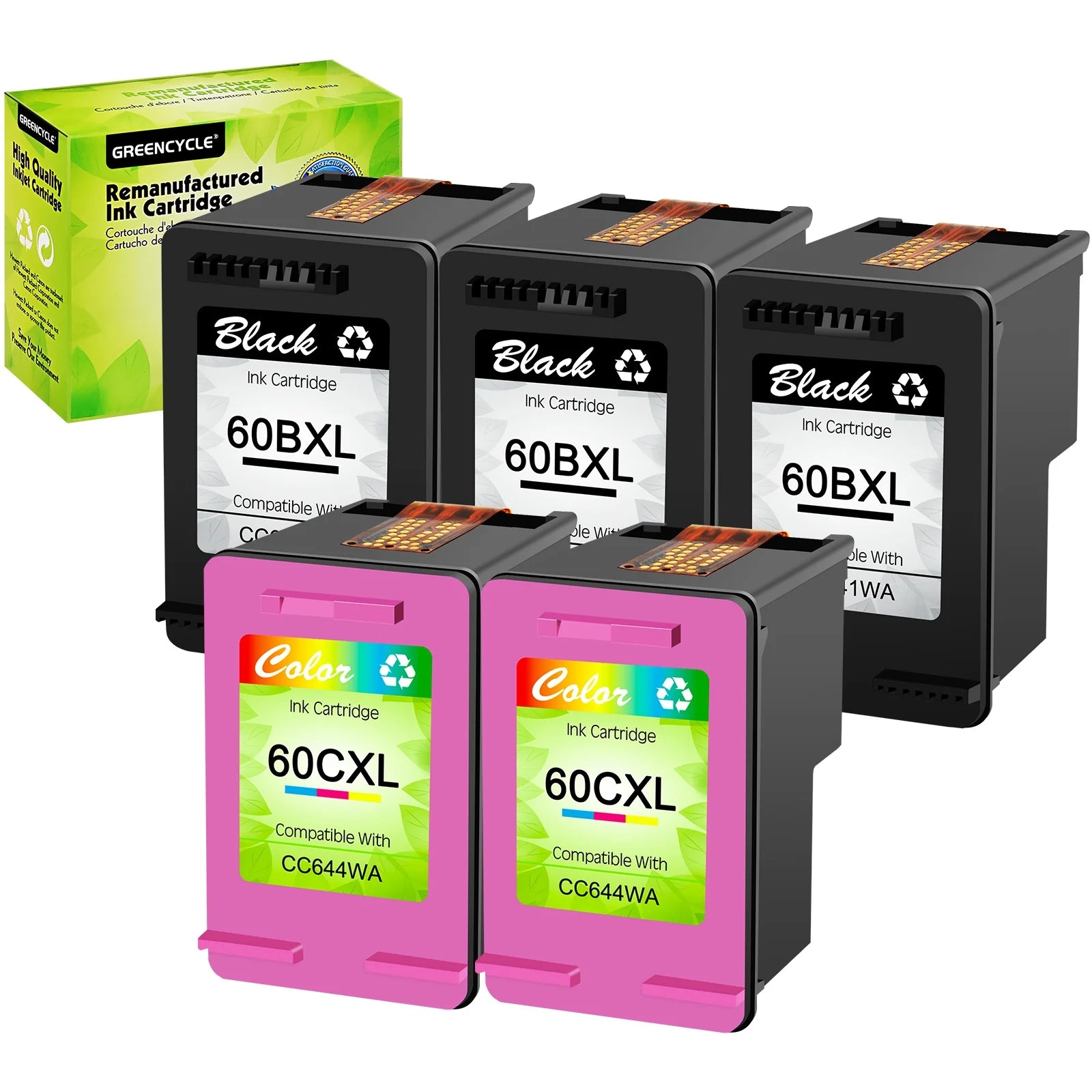 GREENCYCLE 60XL Ink Cartridges Combo Pack Replacement for HP High Yield 60 XL Compatible with DESKJET D1660 D2500 D5560 PhotoSmart C4600 C4780 D110a ENVY 110 120 (3 Black, 2 Tri-Color)