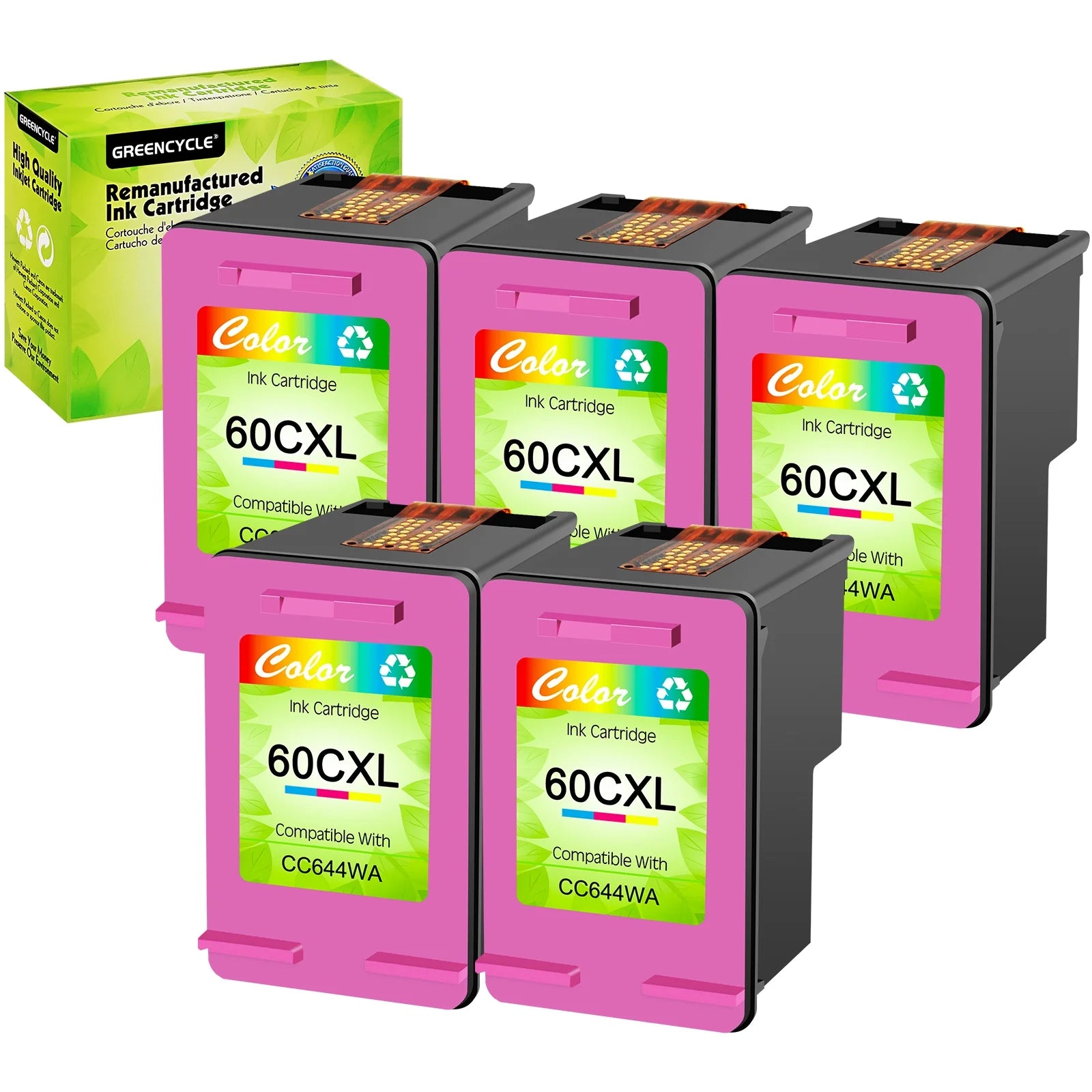 GREENCYCLE 60XL Ink Cartridges Replacement for HP High Yield 60 XL Compatible with DESKJET D1660 D2500 D5560 PhotoSmart C4600 C4780 D110a ENVY 110 120 (5 Tri-Color)