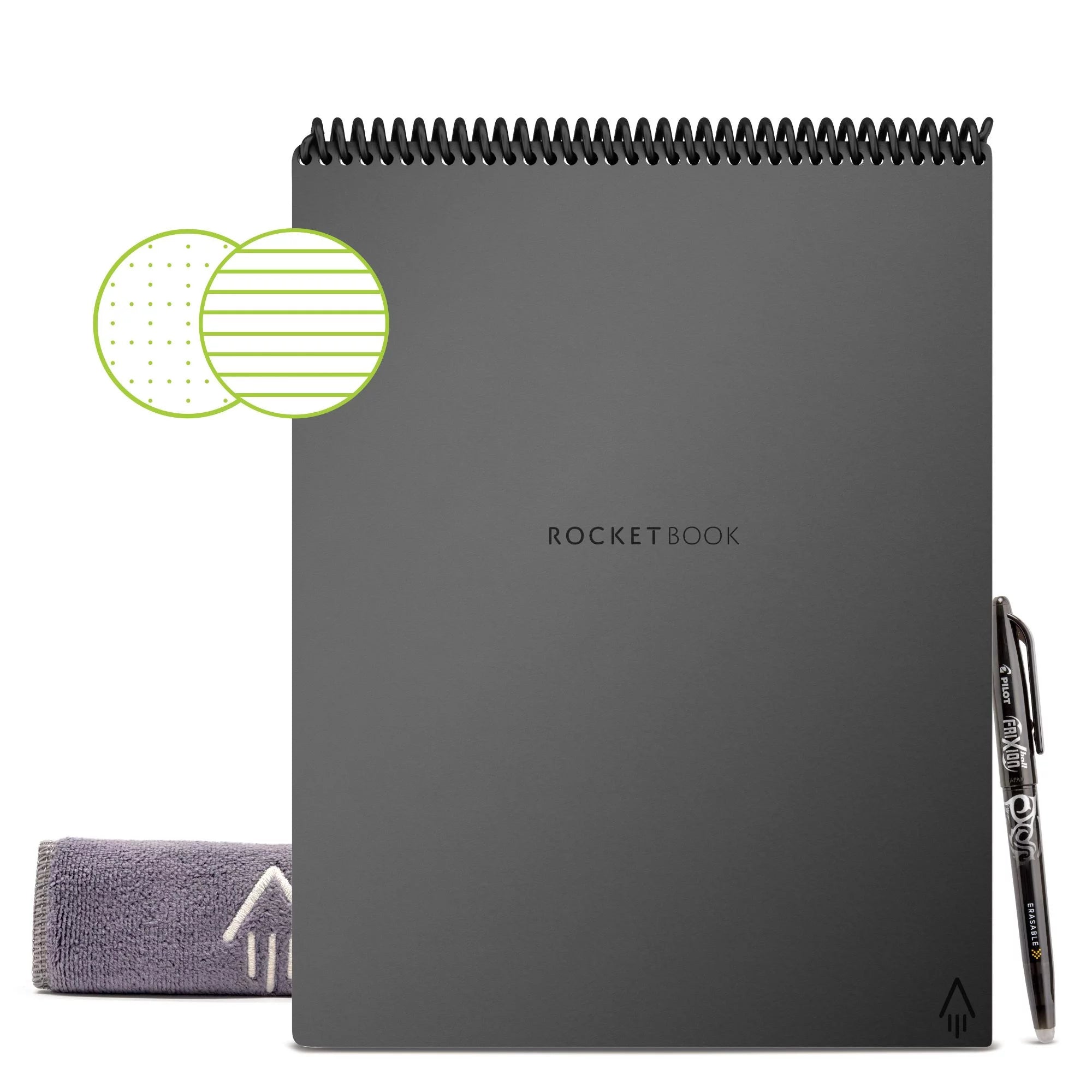 Rocketbook Flip Smart Reusable Spiral Notepad, Gray, Letter Size Eco-Friendly Notepad (8.5 x 11), 32 Dot-Grid and Lined Pages, 1 Pen and Microfiber Cloth Included