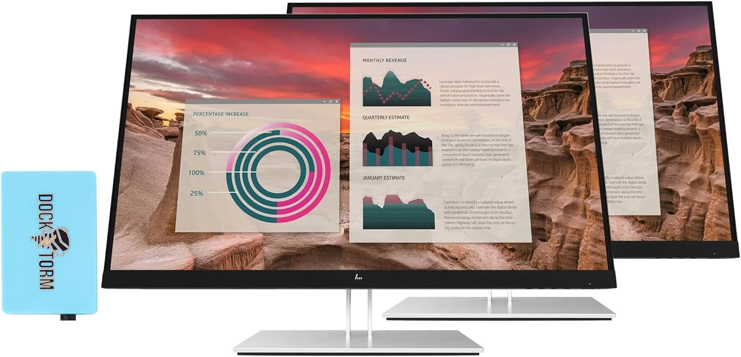 HP 27 16:9 QHD IPS (2650x1440) USB-C Monitor Bundle With Docztorm Dock, 60 Hz Refresh Rate, 1 HDMI 1.4, 2 DisplayPort 1.2, Anti-Glare, Ideal for Office Work, Black/Silver (2023 Latest Model) (2 Pack)