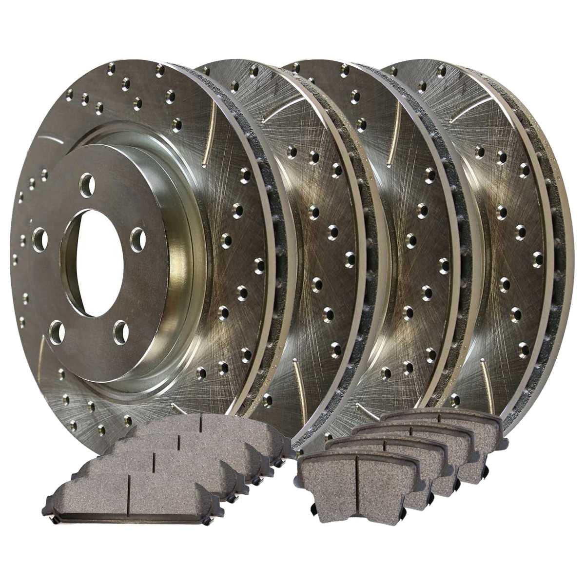 AutoShack Front and Rear Drilled Slotted Brake Rotors Silver and Ceramic Pads Kit Replacement for 2005-2010 2011 2012 2013 2014 Chrysler 300 2009-2011 Dodge Challenger 3.5L 3.6L 5.7L V6 V8 AWD RWD