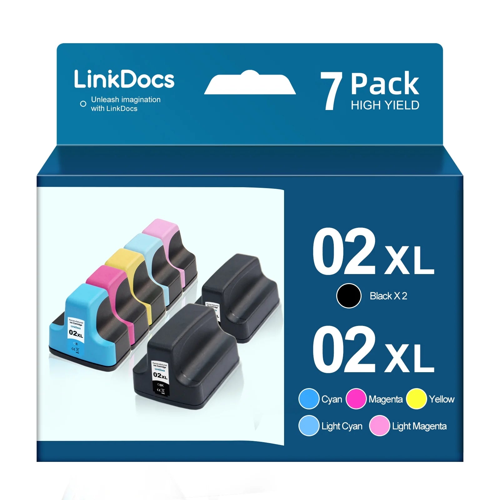 LinkDocs Replacement HP 02xl Ink Cartridges Combo Pack used with HP PhotoSmart 3110 3210 3210v 3210xi 3310 3310xi 8250 Printer(2 Black,1 Cyan,1 Magenta,1 Yellow,1 Light Cyan,1 Light Magenta,7-Pack)
