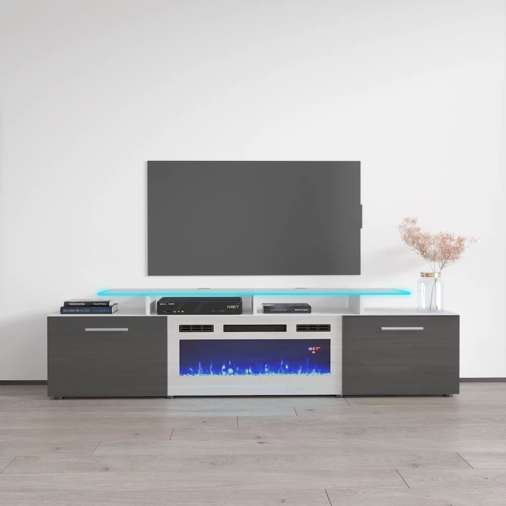 Rova WH-EF Fireplace TV Stand for TVs up to 85, Modern High Gloss 75 Entertainment Center, Electric Fireplace TV Media Console with Storage Cabinets and LED Lights