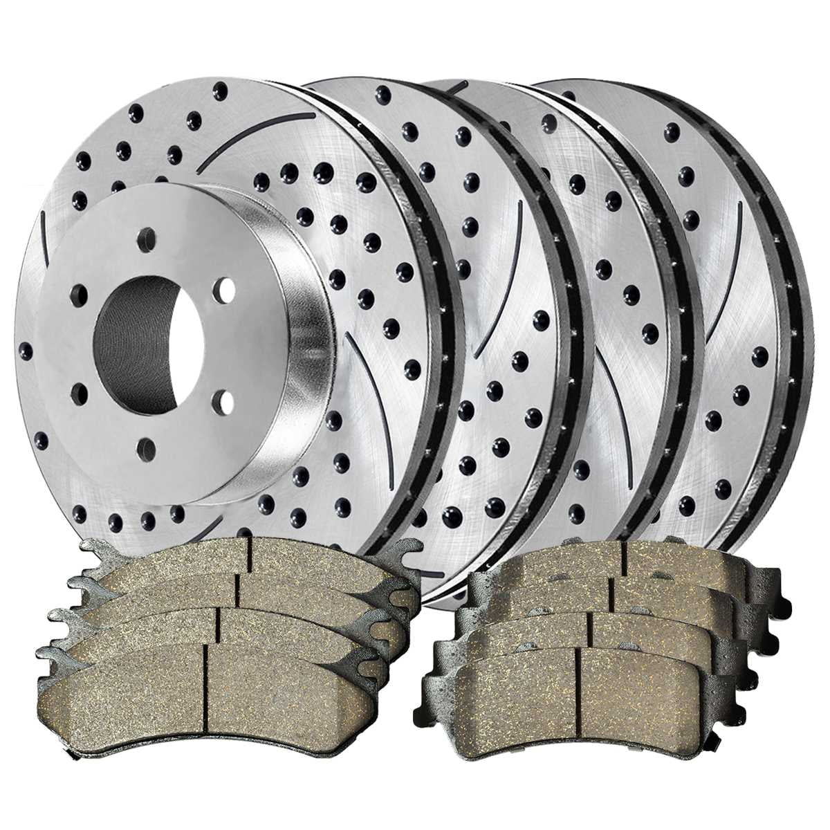 AutoShack Front and Rear Drilled Slotted Brake Rotors Silver and Ceramic Pads Kit Replacement for GMC Safari Yukon Sierra 1500 Classic Chevrolet Silverado 1500 Astro Tahoe 2007 Silverado 1500 Classic