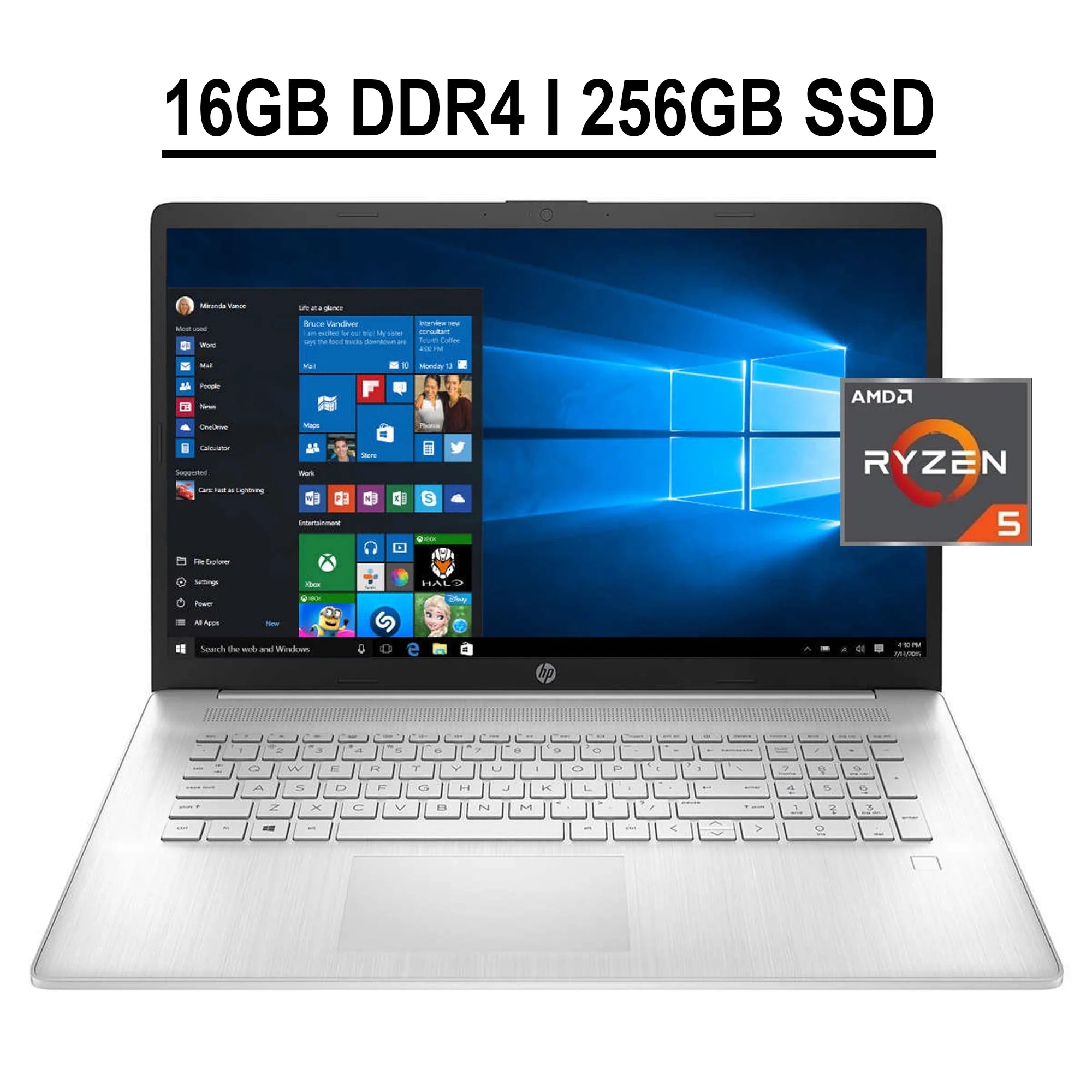 HP 17 Business Laptop 17.3 HD+ Touchscreen AMD Hexa-Core Ryzen 5 5500U 16GB DDR4 256GB SSD Integrated AMD Radeon Graphics Fingerprint HDMI USB-C WiFi Bluetooth Webcam Win10 Silver