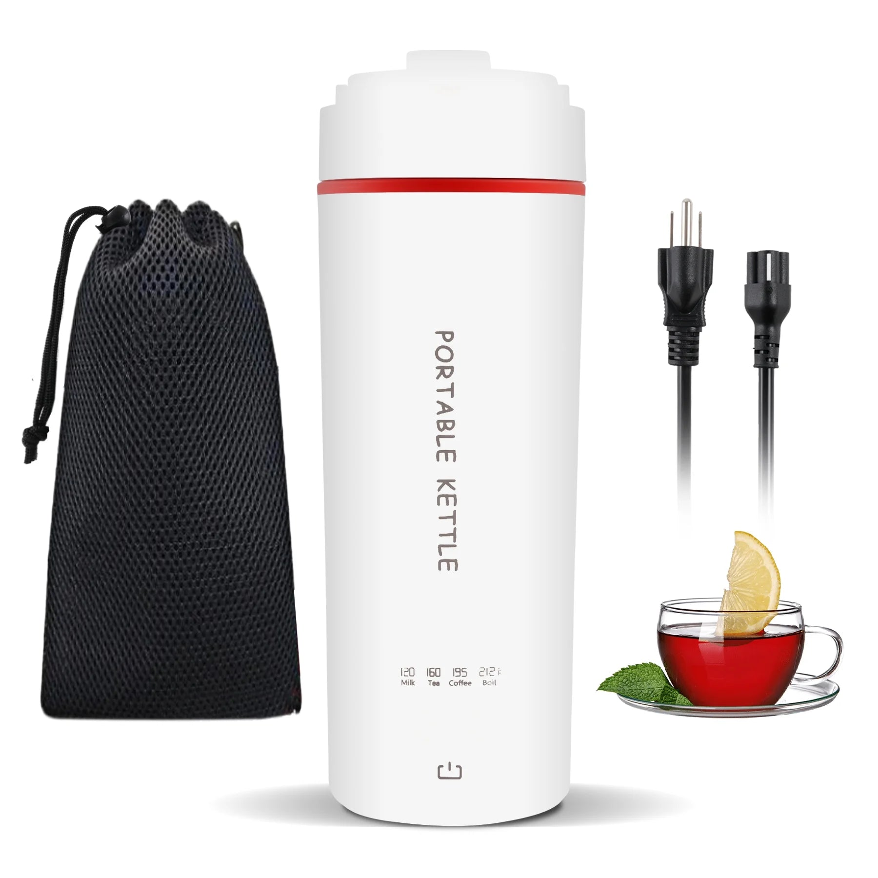 GRACEALL 400ML Travel Portable Kettle - Small Electric Water Boiler Thermos for Boiling Water, Stainless Steel Liner, Mini Camping Kettle White Personal Hotel Tea Maker with Carry Bag