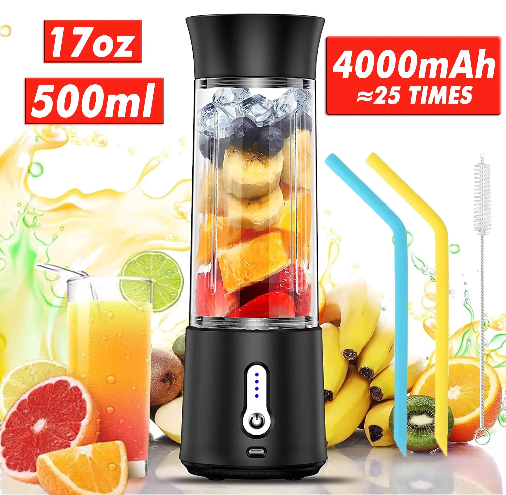 Mini Blender Personal Portable Blender Small Smoothies Blender, Tanbaby 500ml Portable Juicer Cup for Smoothies Shakes with 4000mAh Tpye-C Rechargeable, for Traveling, Outdoor, Gym, Office (Black)