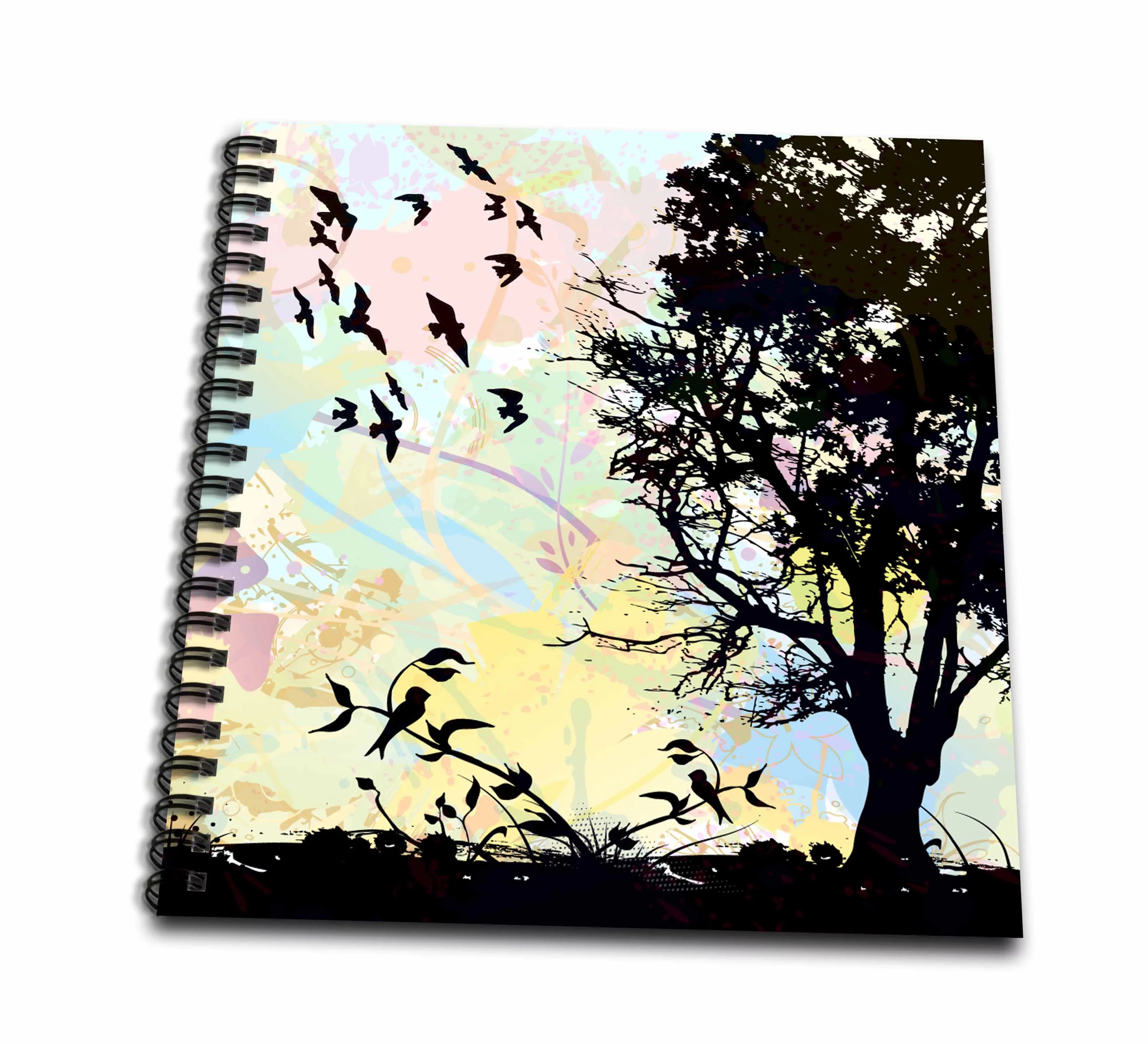 3dRose Pretty Nature Scene Birds and Tree With Digital Watercolor Sky - Drawing Book, 8 by 8-inch