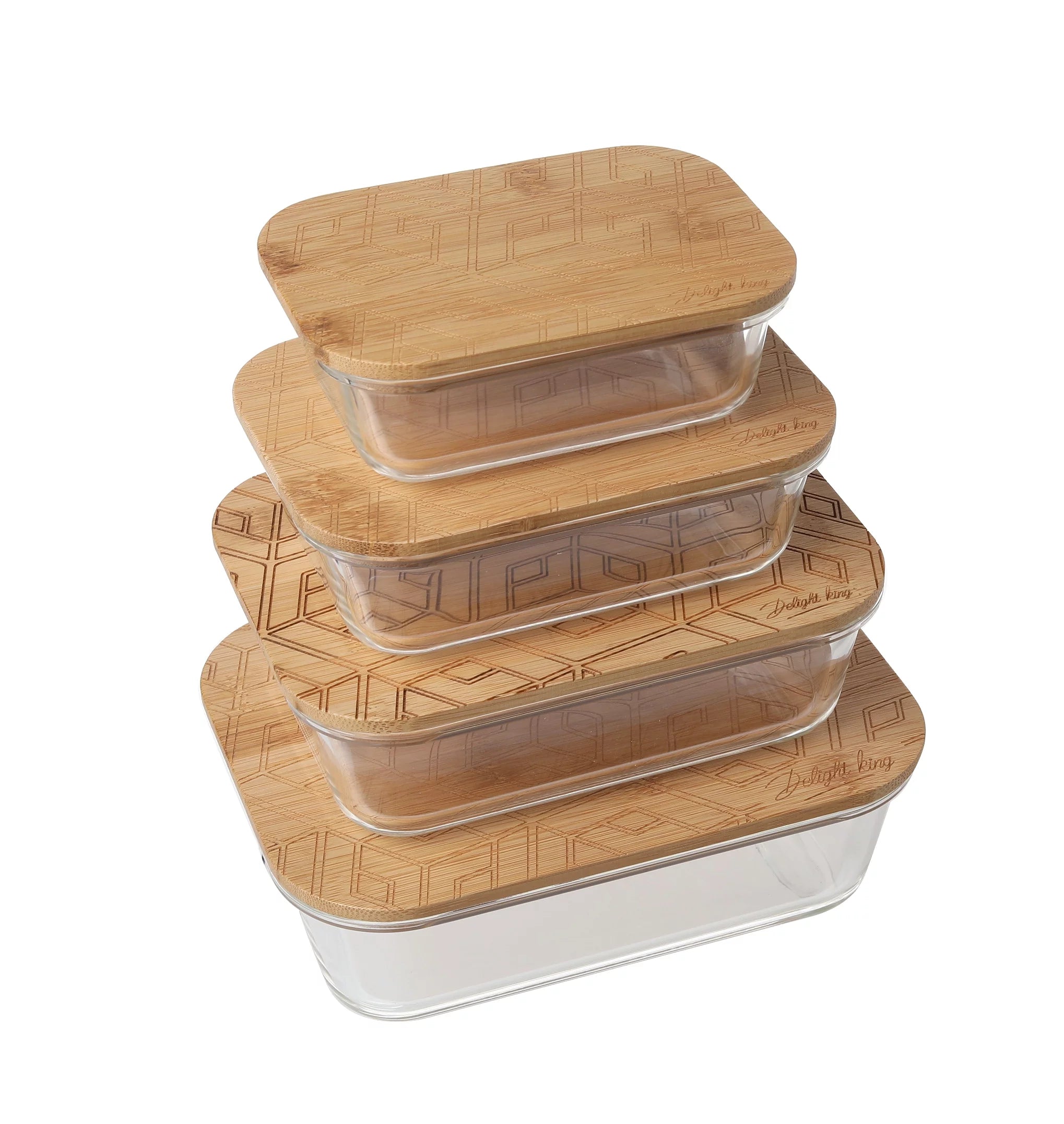 Delight King 4-Piece Set, High Borosilicate Glass Food Storage Containers with Eco-Friendly Bamboo Lids - Microwave, Oven, Freezer, Dishwasher Safe - Meal Prep, Fridge Organizer, Clear Storage Bins