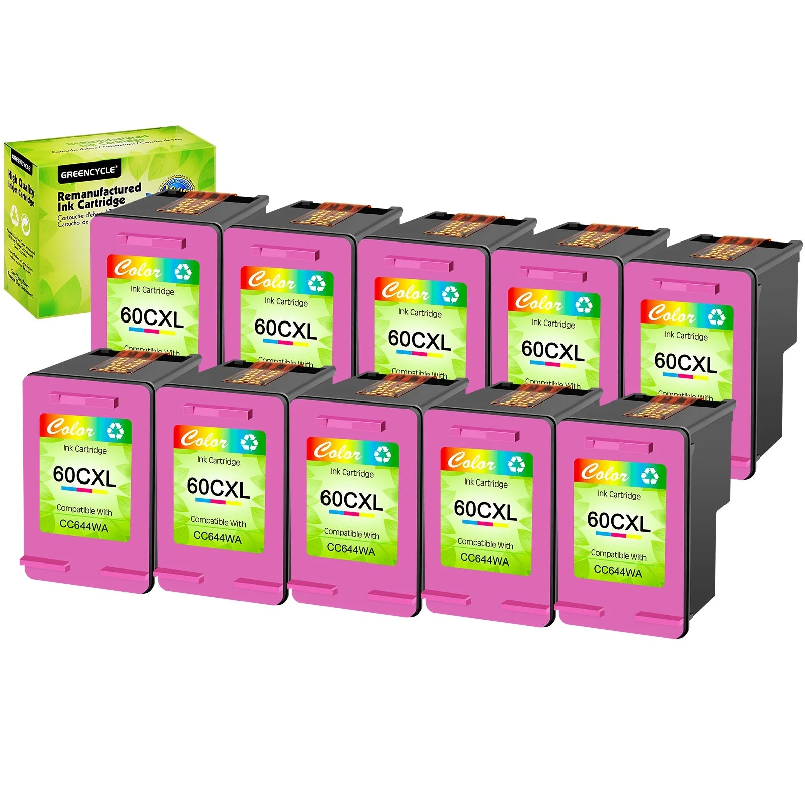 GREENCYCLE 60XL Ink Cartridges Replacement for HP High Yield 60 XL Compatible with DESKJET D1660 D2500 D5560 PhotoSmart C4600 C4780 D110a ENVY 110 120 (10 Tri-Color)