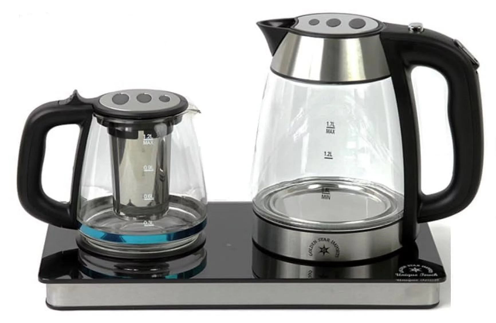 Middle Eastern Persian Iranian Arab Turkish Style Electric Cordless Tea Maker Samovar Stainless Steel Glass Double Kettle Smart Keep Warm Tray Plate