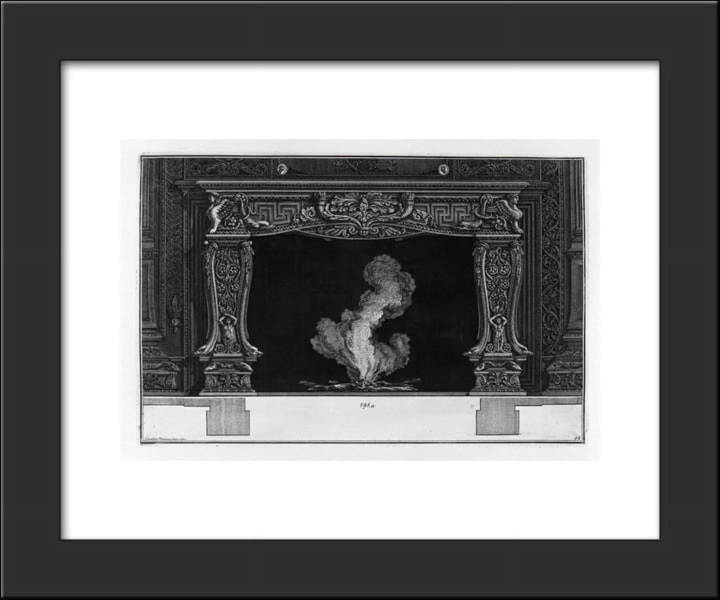 Fireplace: on the frieze of acanthus leaf between two horns, dolphins and sph...