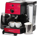 OUWI All-In-One Espresso Machine with Milk Frother 7-Piece Set - Cappuccino Maker Includes Grinder, Frothing Pitcher, Cups, Spoon and Tamper - Coffee Gifts (Red)